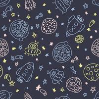 Night seamless pattern of rockets and planets in space doodles vector