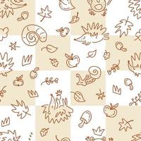 Autumn seamless pattern of hedgehogs on a checkered background vector