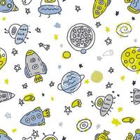 Vector seamless pattern of rockets and planets in space