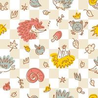 Seamless pattern of hedgehogs on a checkered background vector