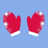 Red winter mittens with Christmas snowflakes on a blue background vector