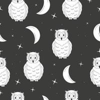 Cute outline owl with crescent and stars. vector
