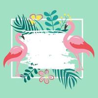 Pink flamingos, tropical plants and flowers vector