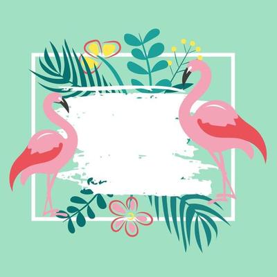 Pink flamingos, tropical plants and flowers