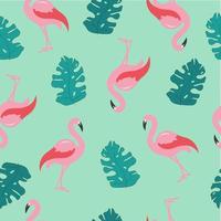 Pink flamingo, monstera leaves, green background vector