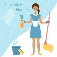 A woman is holding mop, spray for cleaning house vector