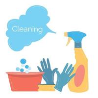 Suministros de limpieza para el hogar con un bocadillo. vector