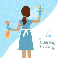 mujer con uniforme azul está lavando el azulejo vector