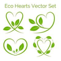 un conjunto de corazón verde con hojas, símbolo ecológico, aislado en blanco vector