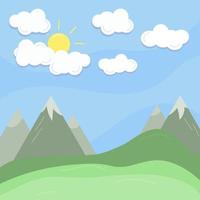 Cloud, sun and mountain summer landscape. Blue sky vector