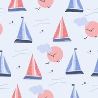 Sailboat, sun and seagull seamless pattern on blue vector