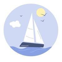 Sailboat and sun seascape on circle, isolated vector