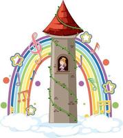 Princess in tower with melody symbol on rainbow vector