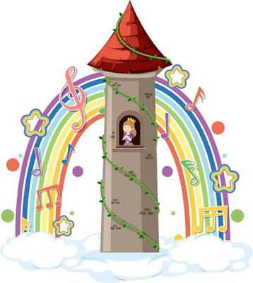 Princess in tower with melody symbol on rainbow