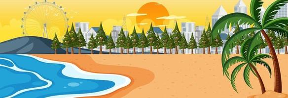 Escena horizontal de playa al atardecer con fondo de paisaje urbano vector