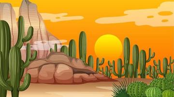 Desert forest landscape at sunset time scene with many cactuses vector