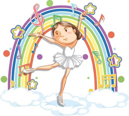 Ballerina dancing on the cloud with melody symbols on rainbow