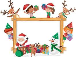 Empty wooden frame with kids in Christmas theme vector