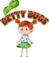 diseño de texto del logotipo de betty bugs con mariquitas encaramadas en el cuerpo de la niña vector