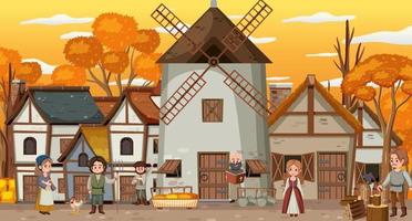 Medieval town at sunset time scene with villagers vector