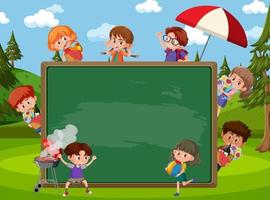 Empty blackboard with many children at the park scene vector