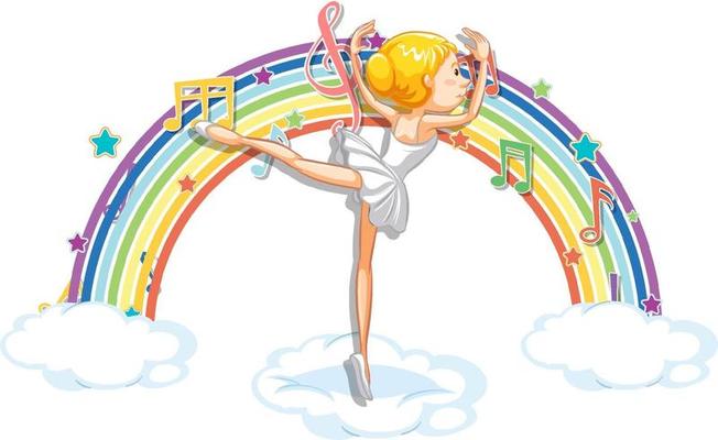 Ballerina dancing on the cloud with melody symbols on rainbow