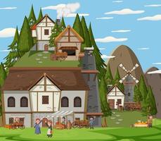 Medieval town scene with villagers vector