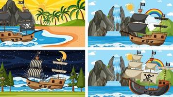 Cuatro escenas de playa diferentes con barco pirata. vector