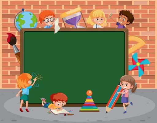 Empty blackboard with many school kids cartoon character