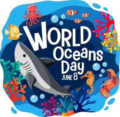 World Ocean Day banner with many different sea animals