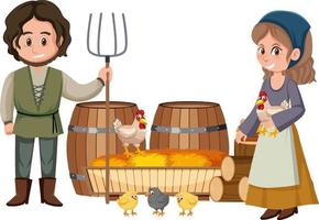 Couple medieval peasants with haystack vector