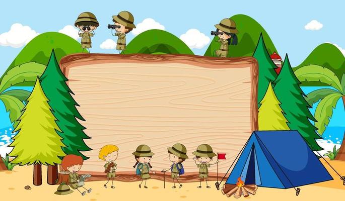 Empty blackboard in nature scene with many kids in scout theme