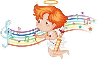 Cupid holding bow and arrow with melody symbols on rainbow vector