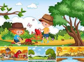cuatro escenas diferentes con personaje de dibujos animados de niños. vector