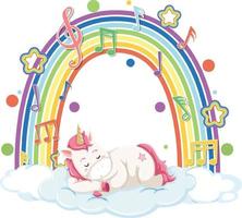 unicornio durmiendo en la nube con arco iris y símbolo de melodía vector