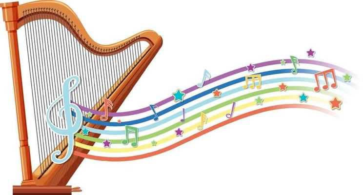 Harp with melody symbols on rainbow wave