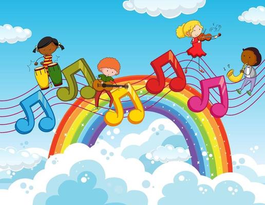 Happy kids with music melody symbols in the sky with rainbow