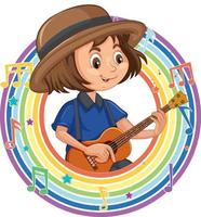 A girl playing guitar in rainbow round frame with melody symbols vector