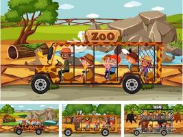 Different safari scenes with animals and kids cartoon character vector