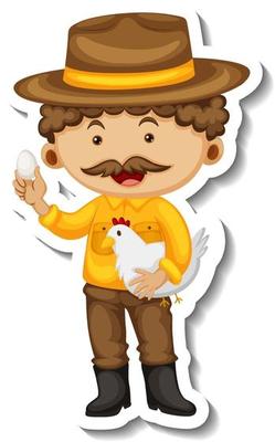 Sticker template with a farmer man holding a chicken isolated