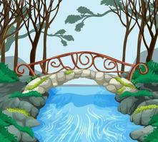 Escena del bosque con puente de piedra que cruza el río. vector