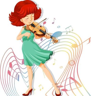 A woman playing violin with melody symbols on white background