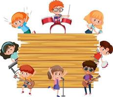 Empty wooden board with kids playing different musical instruments vector