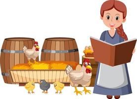 Medieval girl raising chickens vector