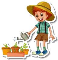 Sticker template with a boy watering plant cartoon character isolated vector