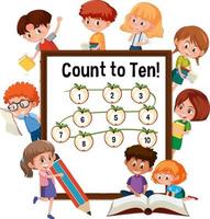 Count to ten number board with many kids doing different activities vector