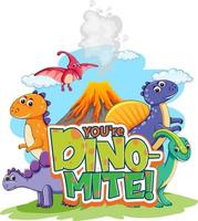 lindo personaje de dibujos animados de dinosaurios con tu banner de fuente dino-mite vector