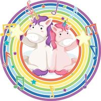 Unicorn in rainbow round frame with melody symbol vector