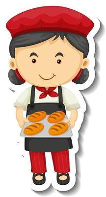 Sticker template with a baker girl holds baked tray isolated