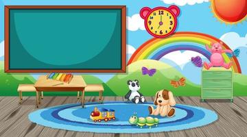 Empty kindergarten classroom interior with chalkboard and kid toys vector